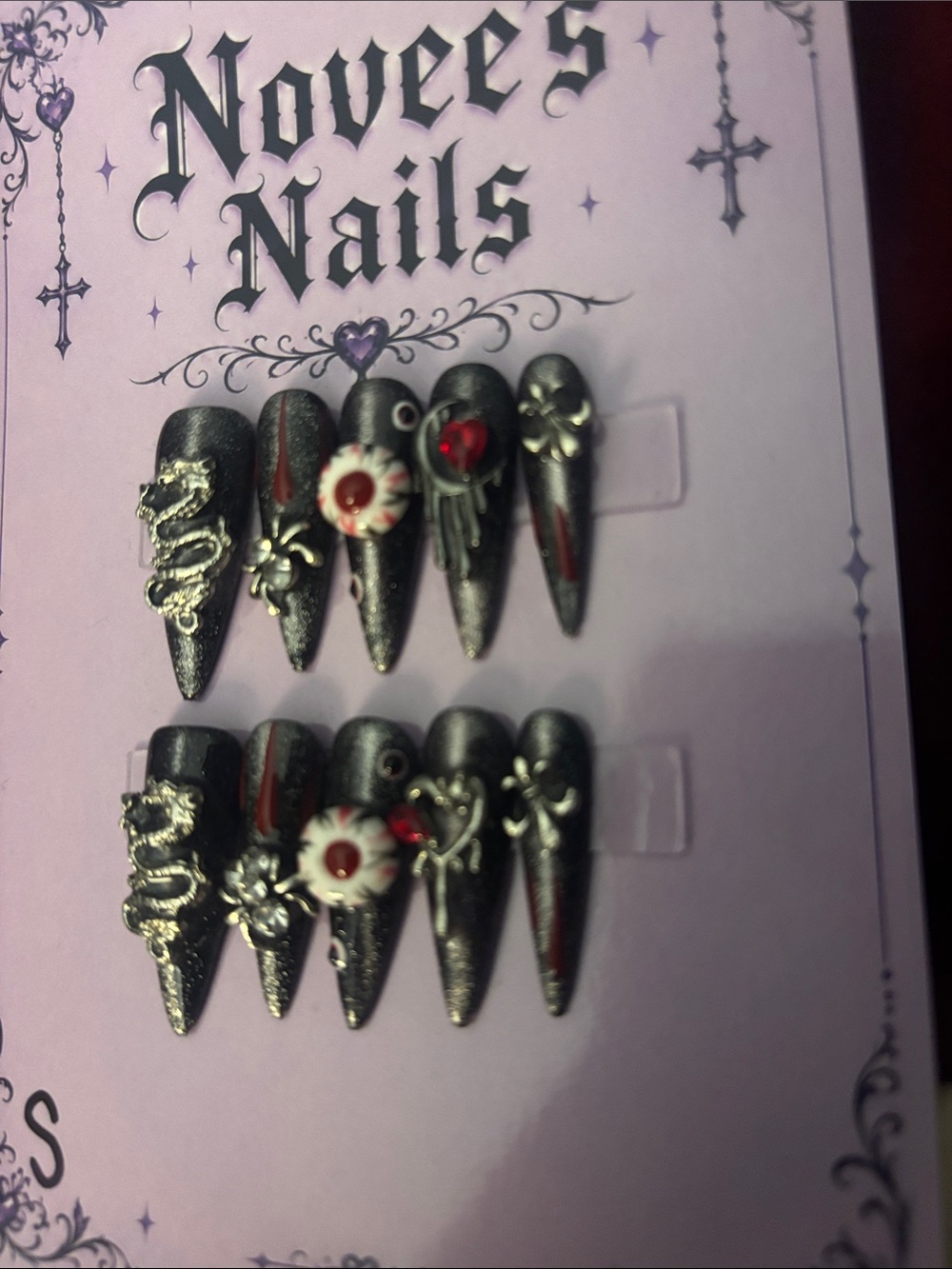 Black Gothic Stiletto Press-On Nail Set with Red Accents